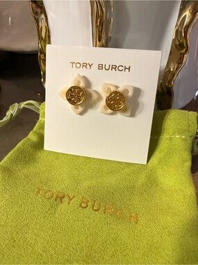Tory Burch Cream Floral Studs with Gold Logo Center